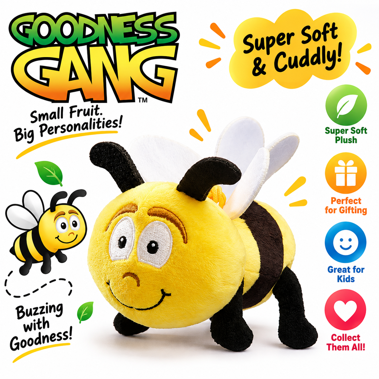 Goodness Gang Mini Bee Plush Toy 5 Inches – Cute Bumble Bee Soft Stuffed Cuddly Toy for Kids & Collectors