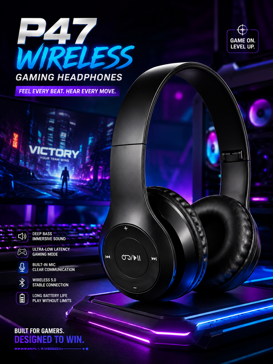 P47 Stereo Gaming Headphones with Microphone - 7.1 Surround Sound Over-Ear Headset for PUBG FreeFire Mobile, PC, PS4 & Xbox - Noise Cancelling Adjustable Mic with Soft Protein Earpads - 3.5mm Aux & USB Connector