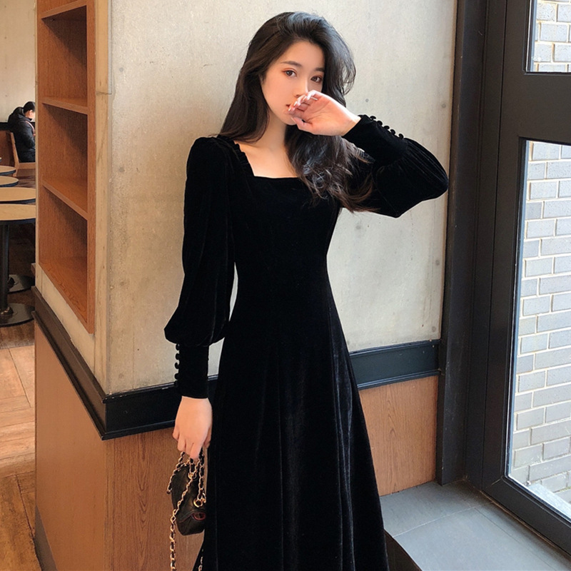 Long black velvet dresses best sale