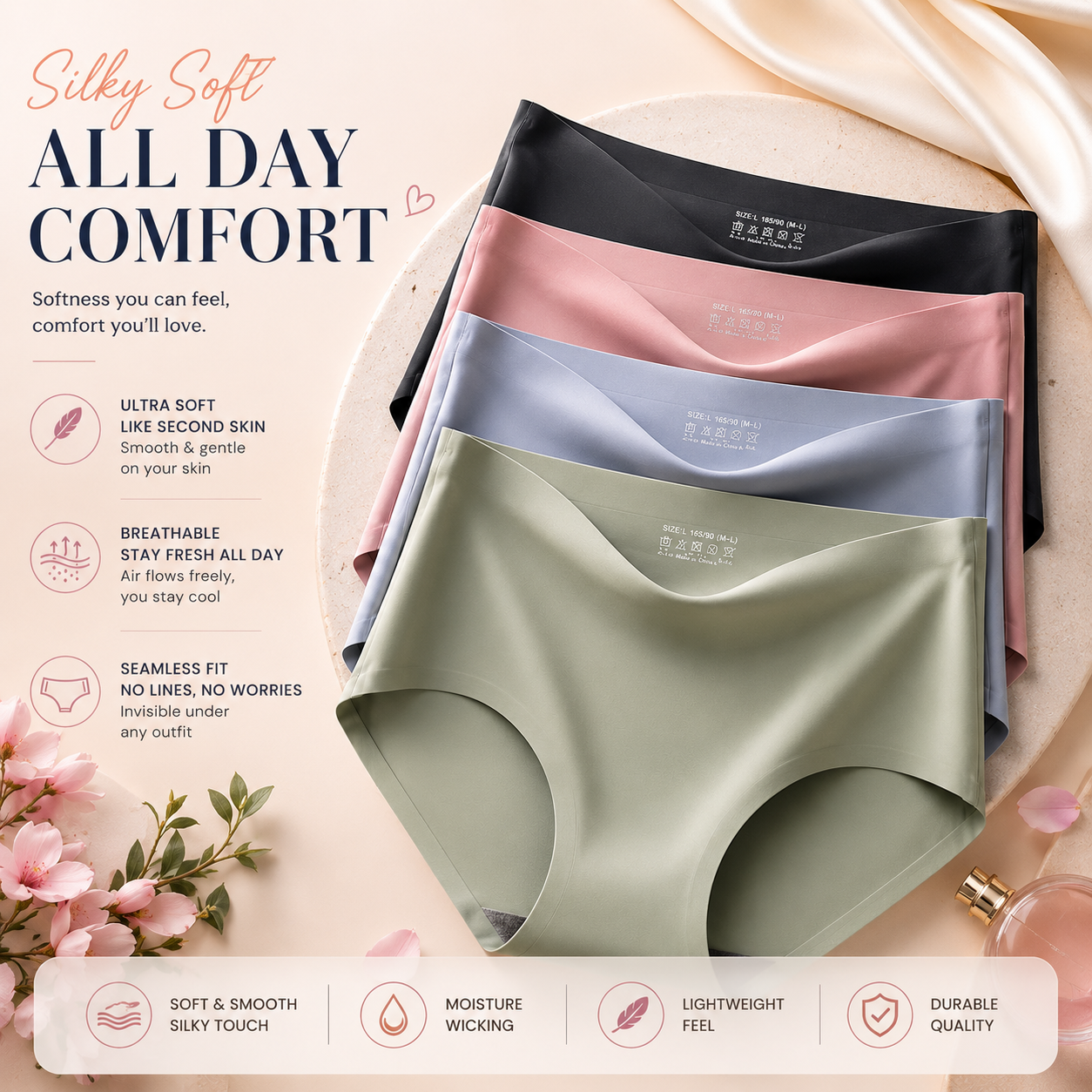 Pack of 1 Ice Silk Panty for Women & Girls – Imported Premium Seamless Traceless Underwear | Soft Stretchable Mid Waist Brief | Breathable Summer Comfort | Local Size S-XL (24-42 Waist)