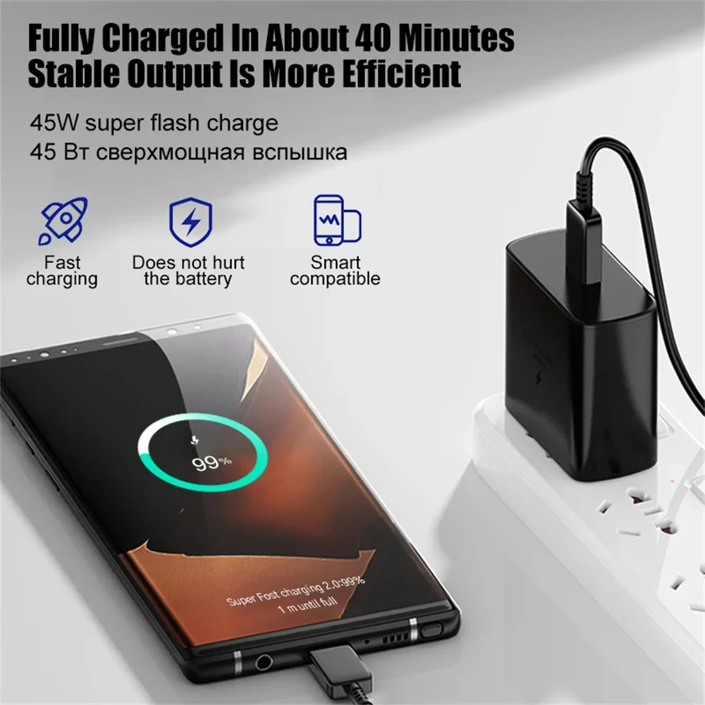 100% Original Samsung 45W 2.0 Super Fast Charger with Type C to Type C Cable (Global Certified Charger) Pd Charger For all Mobile Phone S24+, S8 Ultra, Note20 Ultra,S24 Ultra, Note10 Plus, S22 ultra Galaxy S10 / S10E / S10+