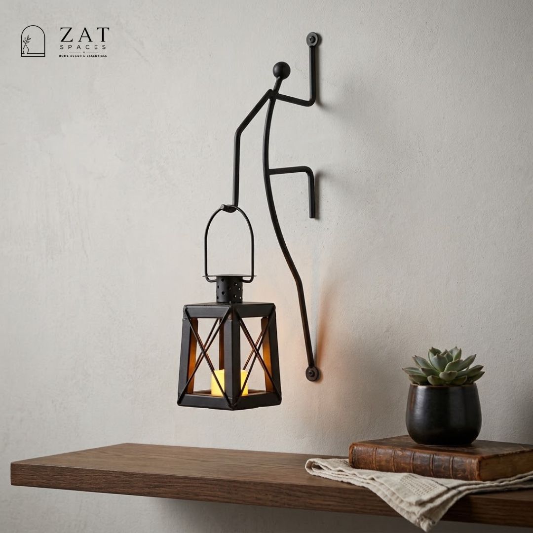 Wall Decor Lantern Holder  Metal Wall Lantern Stand  Climbing Man Wall Decor  Hanging Lantern Holder ( Without Candle ) Decorative Wall Hanging for Living Room  ZAT Spaces