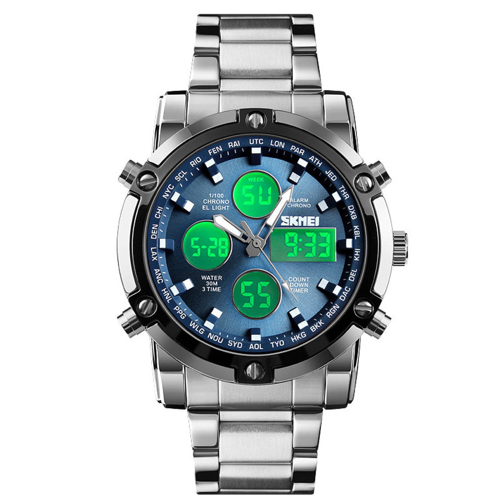 SMK 1389 Dual Time Analog and Digital Chain Watch for Men with Stainless Steel Case Date Day Alarm Stopwatch Luminous Hands LED Light and Waterproof Design