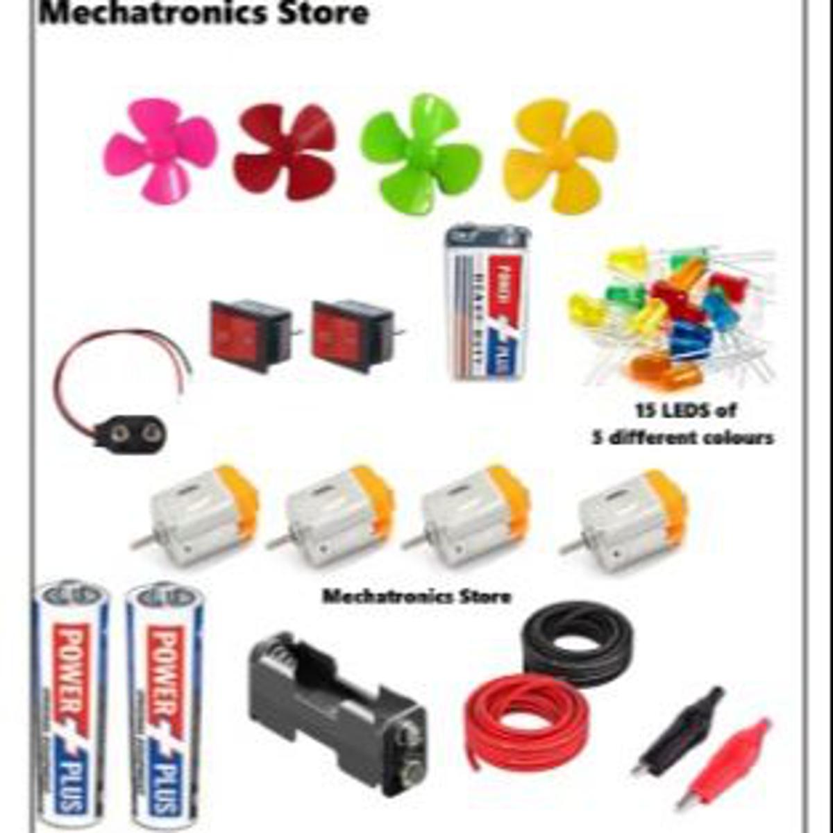 Electronics sciencs project for school and college students ( set of 4 pcs 4v dc motor, propeller 4 blade wings: 4 pcs , 15 pcs 5mm led, battery, on/off switch, battery connector, aligator clip, wires, cell and cell holder)