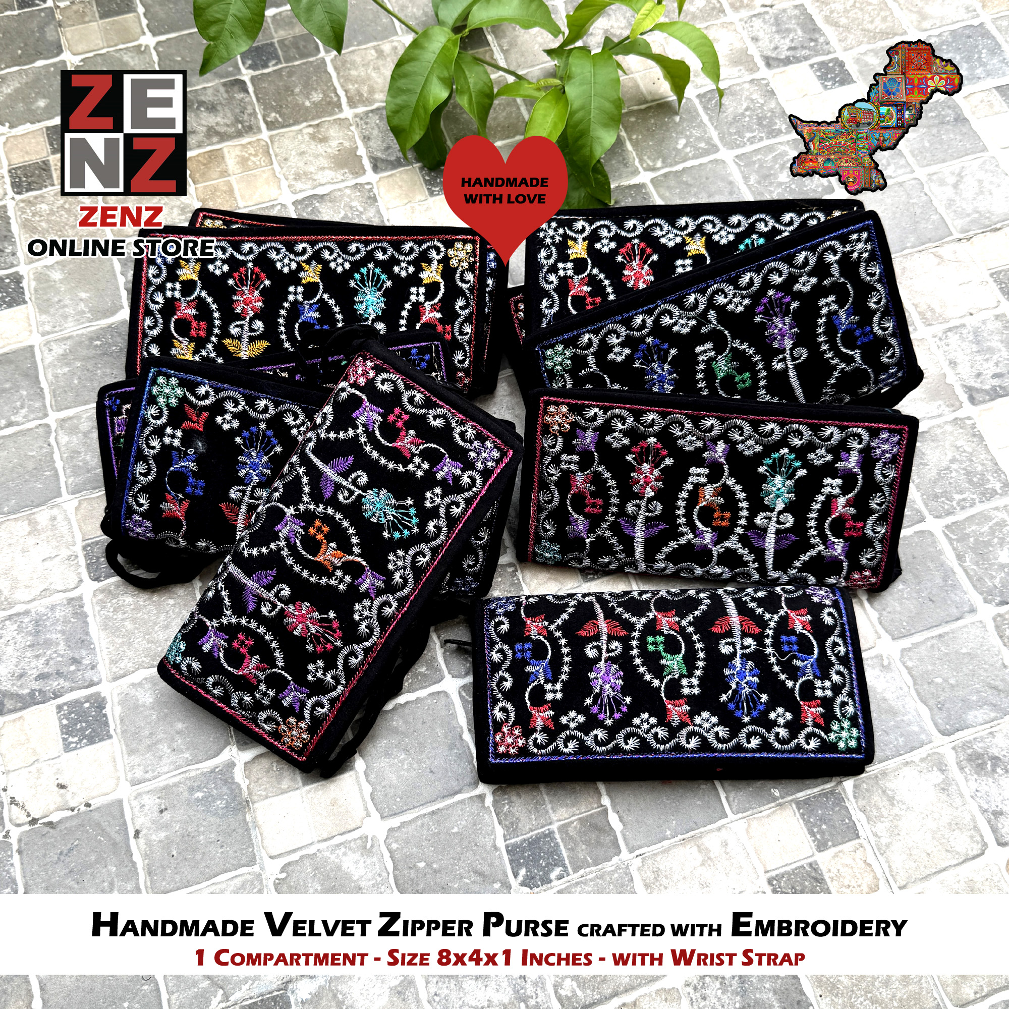 Embroidered Black Velvet Zipper Clutch Purse Handmade Size 8x4x1 Inches Pakistani Traditional Sindhi Handmade Multicolour Embroidery  Bag by ZENZ ONLINE STORE