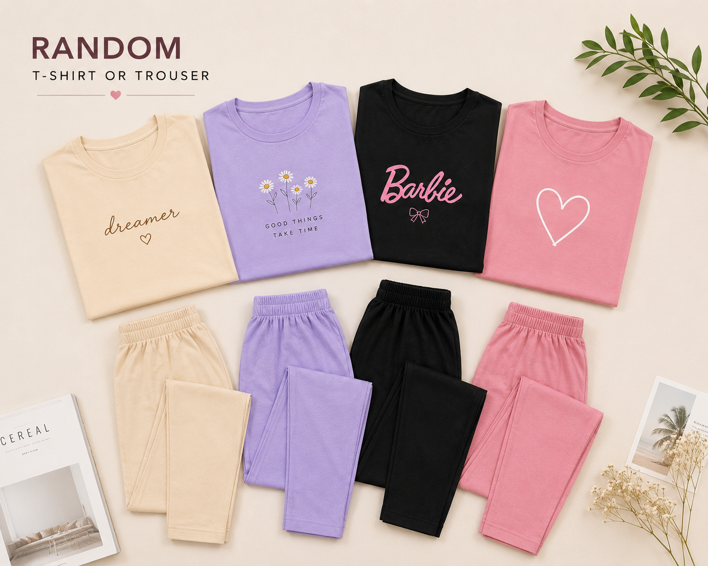 2 Pieces Random Size, Design and Minor Fault Tshirt OR Trouser OR Both Night Wear pajama set for girls and women, Girls Sleepwear  Loungewear and Pajama ,Nightwear pjs for girls and women Random in size and in color