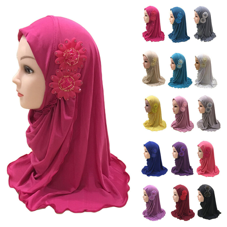 5Years Muslim Kids Girls Hijab Islamic Headscarf Diamontes Flower Scarf One Piece Children Full Cover Makna Wrap Cover