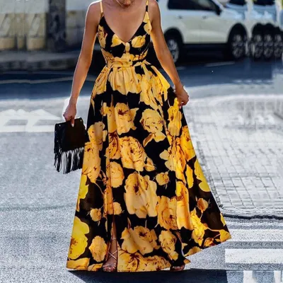 Maxi Dress Adjustable Shoulder Strap Sweet Sleeveless Elegant Flower Print Long Dress