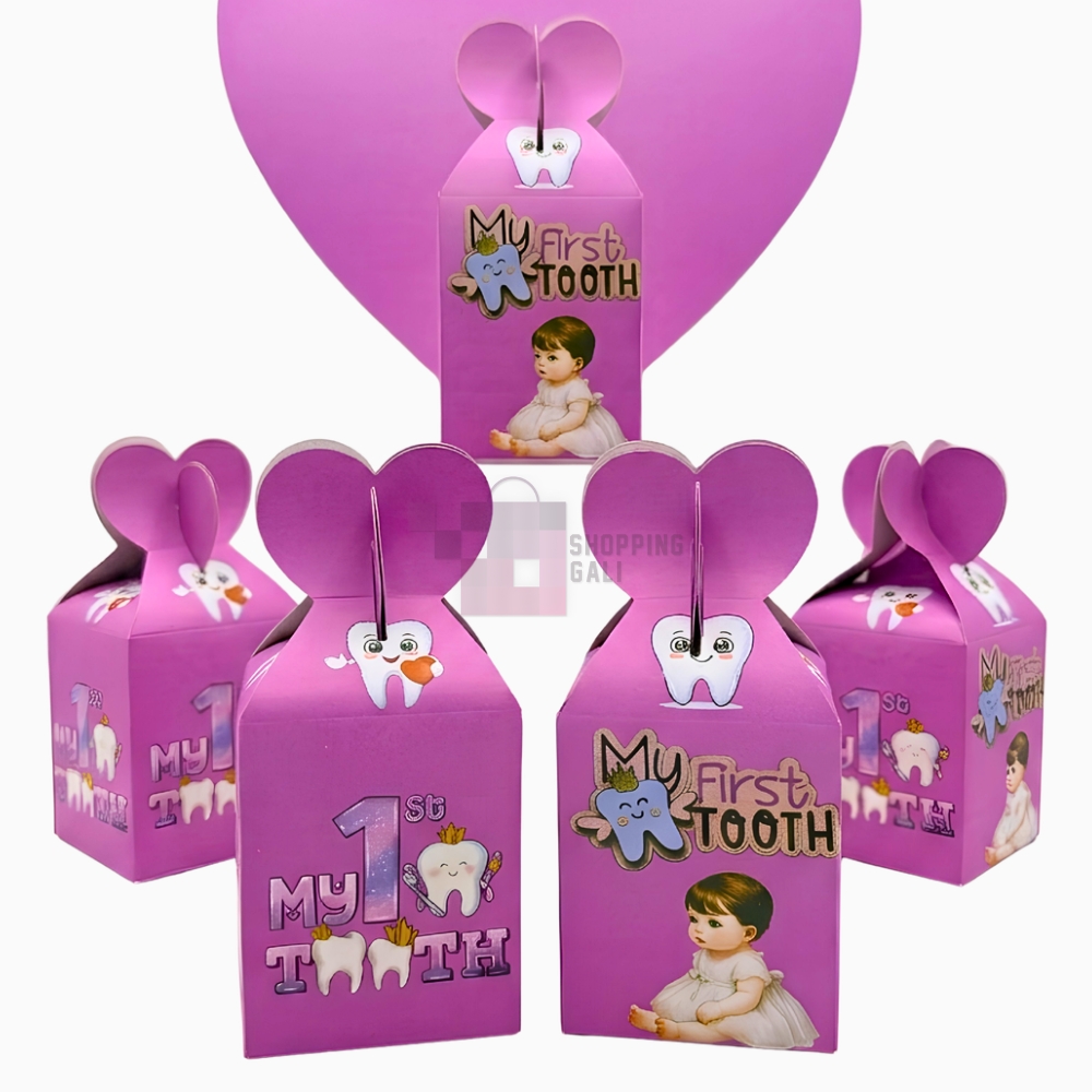 First Tooth Goody Box - 7 x 4 Inch - First Tooth Decoration - First Teeth Gift Box - First Tooth Goodie Boxes - First Tooth Decoration Baby Box - First Teeth Decoration Themes - First Tooth Boxes - Pink - Girls - Pack Of 10