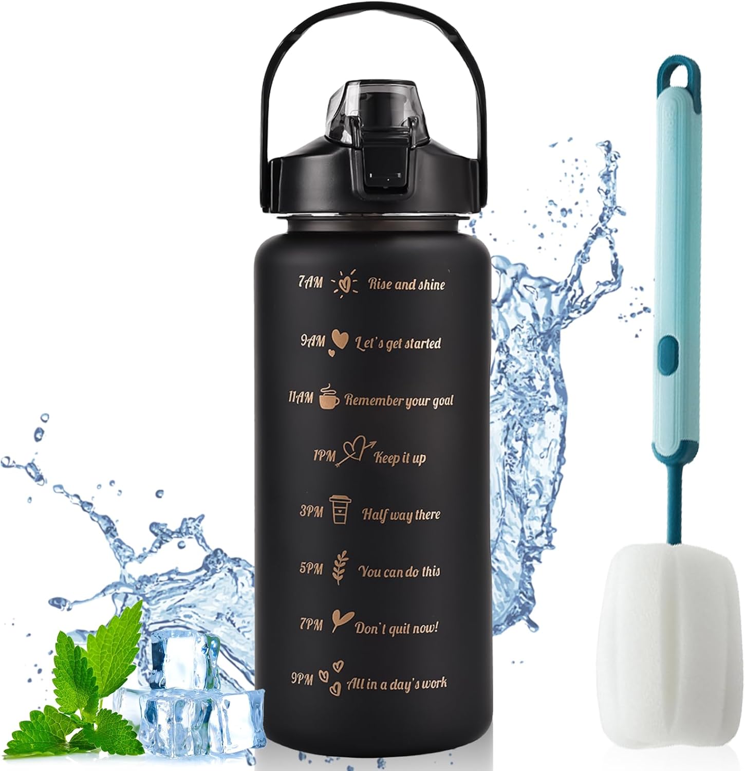 2 Litre Water Bottle with Straw Water Bottle 2 Litres with Time Marking Large with Blue Cup Brush for School Gym Camping Yoga and Outdoor Activities