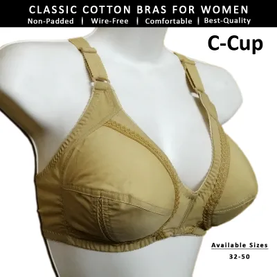 Classic Cotton Bra for Women Fits C Cup Non Padded Bra Non Wired Brassiere  with Adjustable Straps 34-50 Sizes