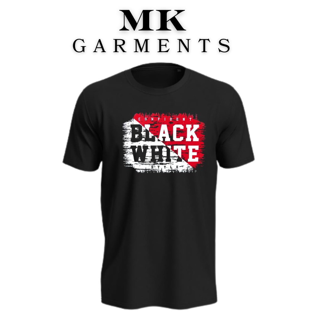 MK Garments - White and Black Printed Primium Half Sleeves Round Neck Casual Tshirt For Men And Boys
