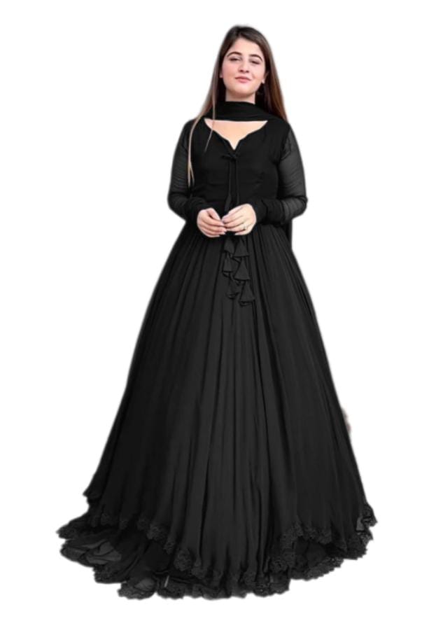 Ladies Two Layer Border Front & Back Lace work Long Flare Maxi With Plain Duptta 3 piece Dresses