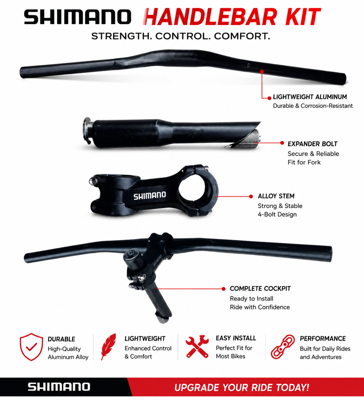 MTB Long Handlebar 80mm Stem Combo | Mountain Bike Handlebar Set | Aluminum Bike Stem Riser | Bicycle Handle Bar for MTB, Trail & Road Cycling | Dollar shop 1
