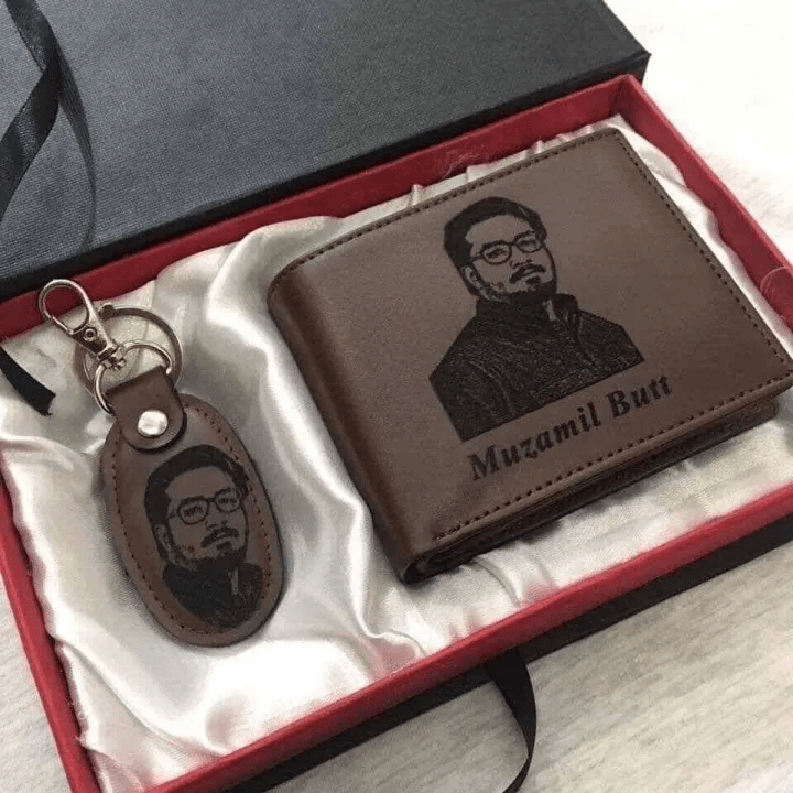 Customized Laser Sketch Photo & Name Printed Brown Men's Wallet & Keychain Gift Box Set - Personalized Picture Line-Art Engraved Wallet Combo Gift for Men