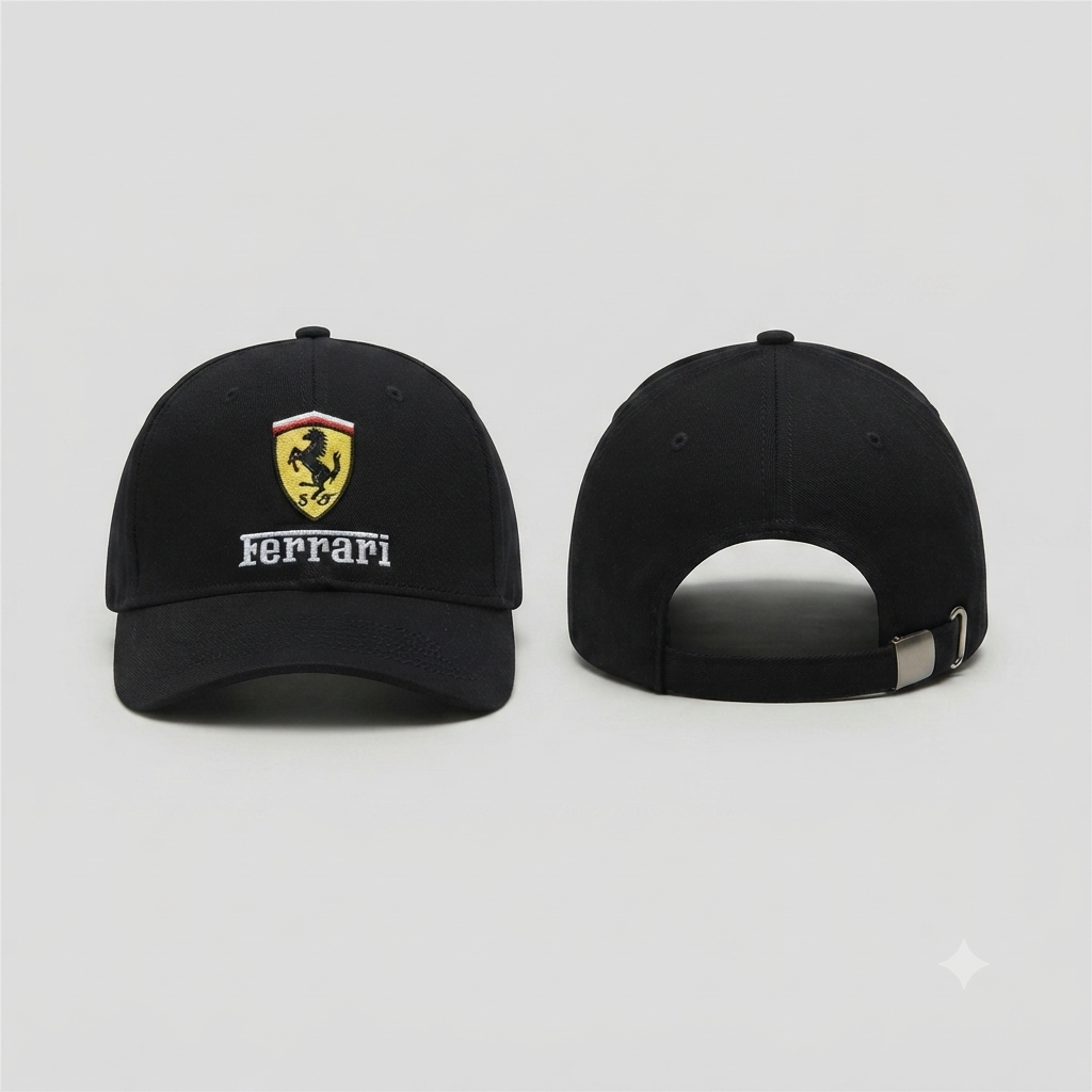Ferrari Black Adjustable Cap for Men – Breathable Casual Baseball Hat | Lightweight Summer Cap