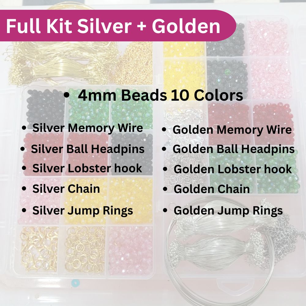 Complete DIY Bracelet Gajra & Jewellery Making Kit for Girls 4mm Crystal Beads + Memory Wire + Golden Beading Wire + Jump Rings & Lobster Clasps Bracelet Gajra & Jewellery Accessories Set With Big Box By Flex Cart