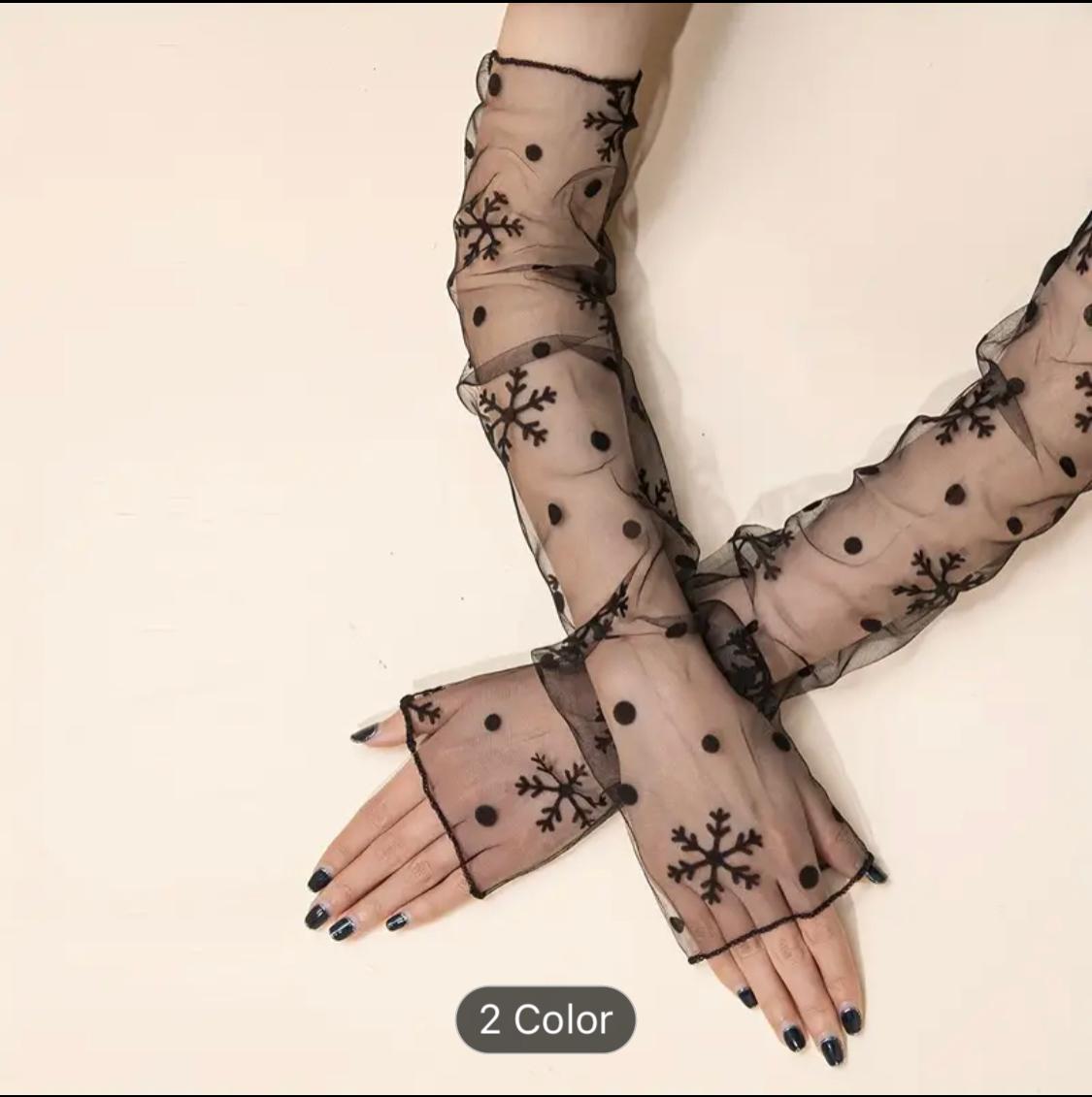 Black Lace Snowflake Polka Dot Pattern Long Gloves Breathable Party Dress Gloves/Prom Decorative Gloves for Girls/Women