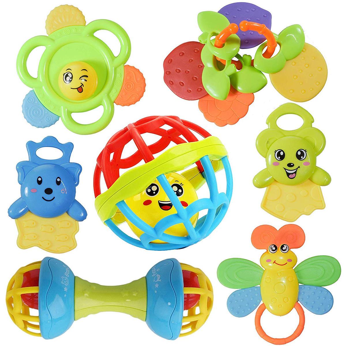 Pure Silicone & Plastic Baby Teather & Rattle Set - 9 PCS