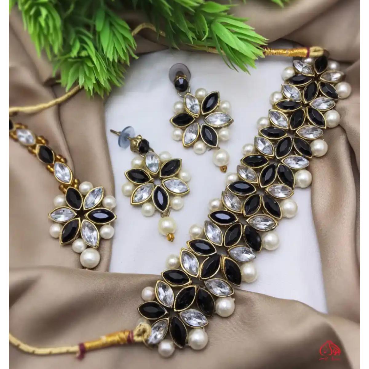 Faux Diamond & Pearl Floral Necklace Earrings Set for Women | Artificial Jewelry | Wedding & Party Wear