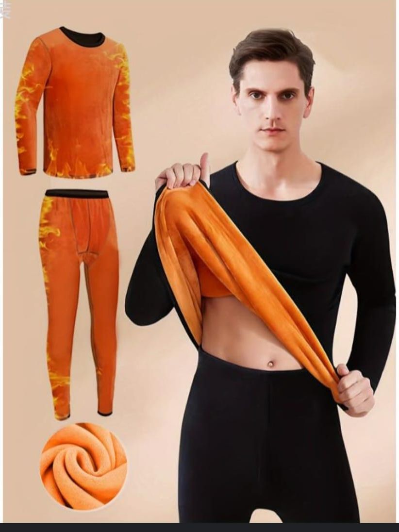 Men Winter Thermal Velvet Thick Suit Shirt Pants & Underwear 2 pc Set