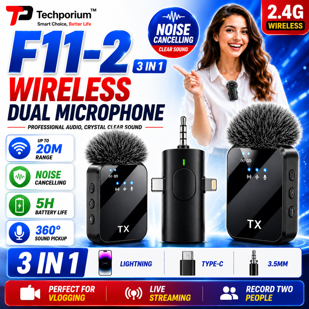 F11-2 3 in 1 Noise Cancelling Wireless Dual Microphone Clear Audio Display Screen Long Range Transmission Lightweight Compact YouTube TikTok Vlogging Live Streaming Interviews Online Classes Mobile DSLR