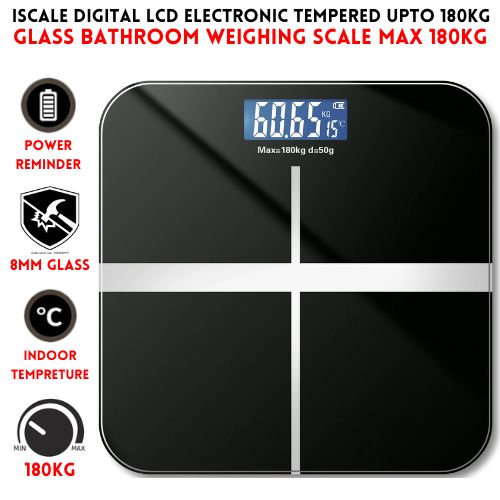 Upto 180kg iScale Rechargeable Weight Machine - 8mm Tempered Glass - Digital Heavy Duty Electronic Weighing Scale with Dual LED Display - Heavy Electric Weight Machine With Durable Steel Quality - For Home & Personal Use - Black//Blue/Silver