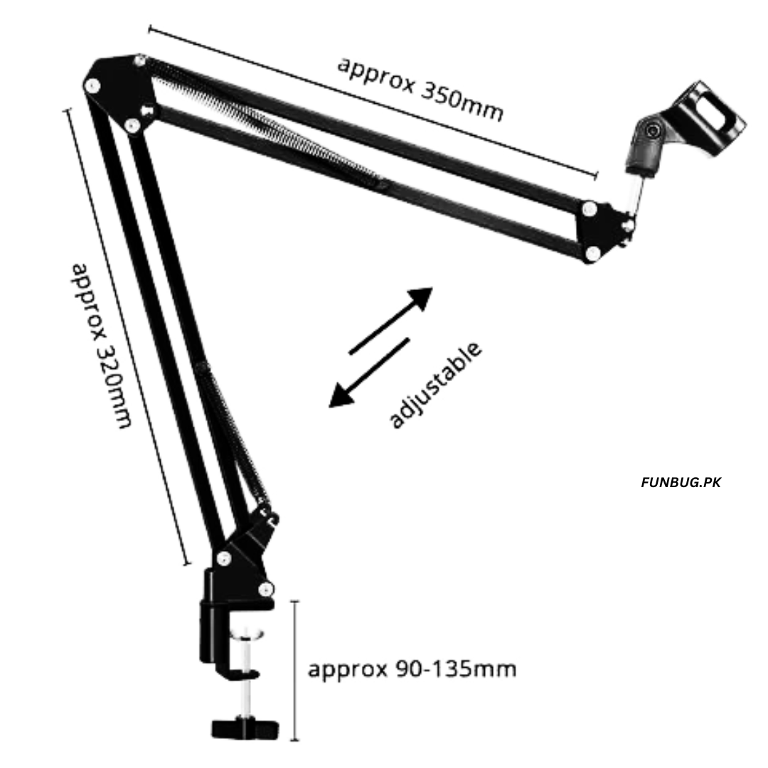 FunBug Professional Metal Scissor Arm Microphone Stand - Adjustable Desk Mount Boom Suspension Arm Stand for Studio, Office, Gaming, Streaming, Podcast - Mic Holder with Clamp for BM800 Condenser Microphone & All Other Mics - Black