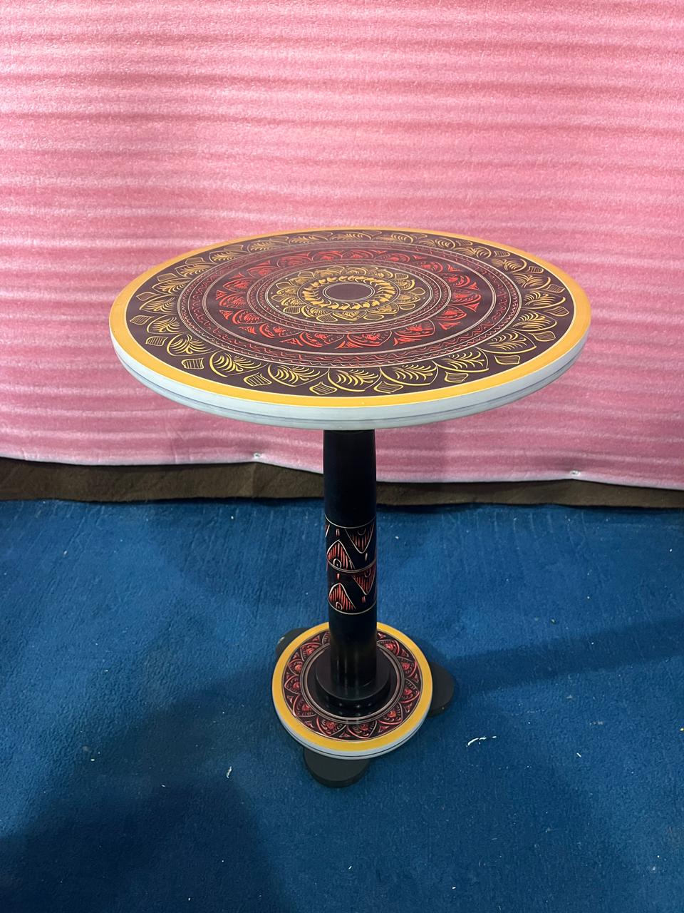 Handmade Wooden Side Table for Living Room | Round Decorative Tea Table | Hand-Painted Mandala Design | Home & Office Furniture