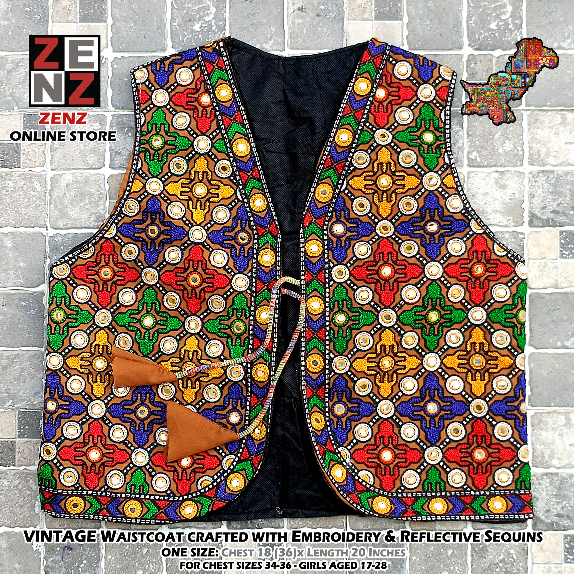 Pakistani Sindhi Balochi Kashmiri Traditional & Cultural Wear Waistcoat Koti Embroidered Zenz Multicoloured Embroidery for Girls & Women