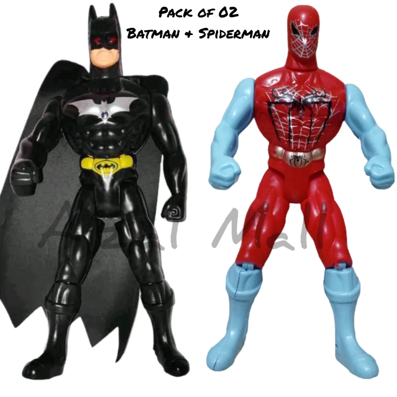 (PACK OF 02) Spider-Man and Batman action figures with lights and movable legs and arms, designed as toys for kids. Features include a 90s Batman action figure with lights, bendable legs and arms, made of high-quality plastic. Available at Aizal Mall.