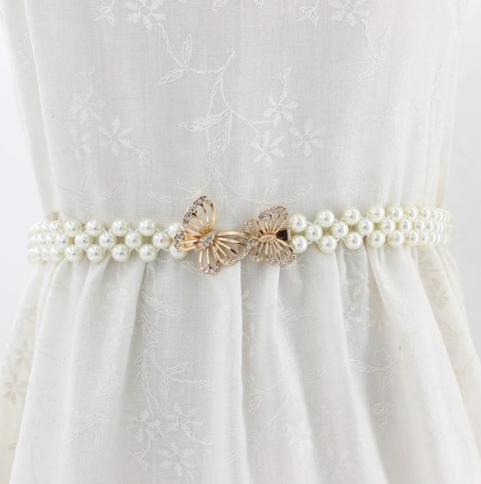 Elegant Butterfly Pearls Belt for Girls Rhinestones Faux Pearl Dress Belt Bridal Crystal Wedding Elastic Waist Belt Female Girls Dresses Accessories