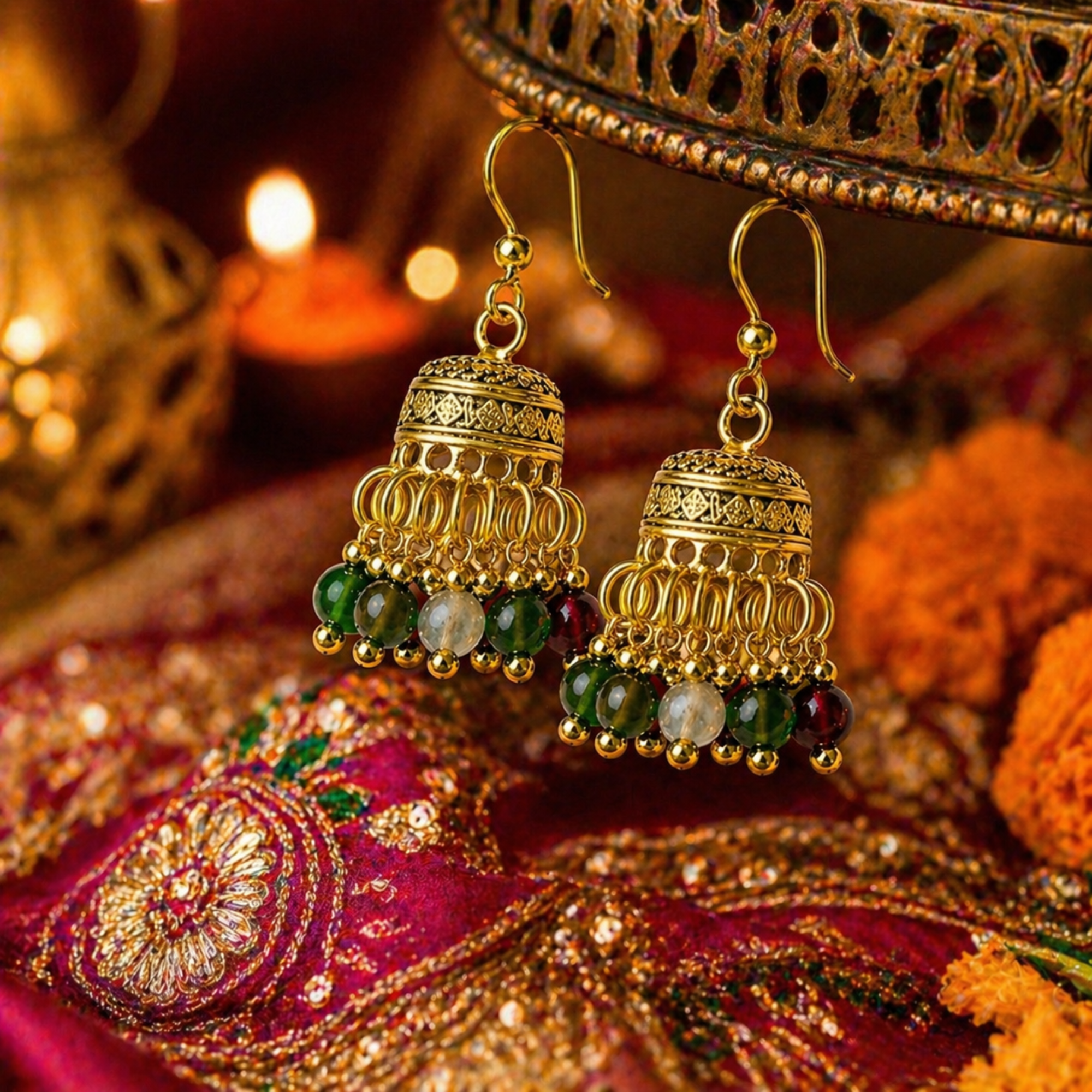 Handmade Gold Jhumka Earrings with Multicolor Beads Traditional Ethnic Jewelry for Women