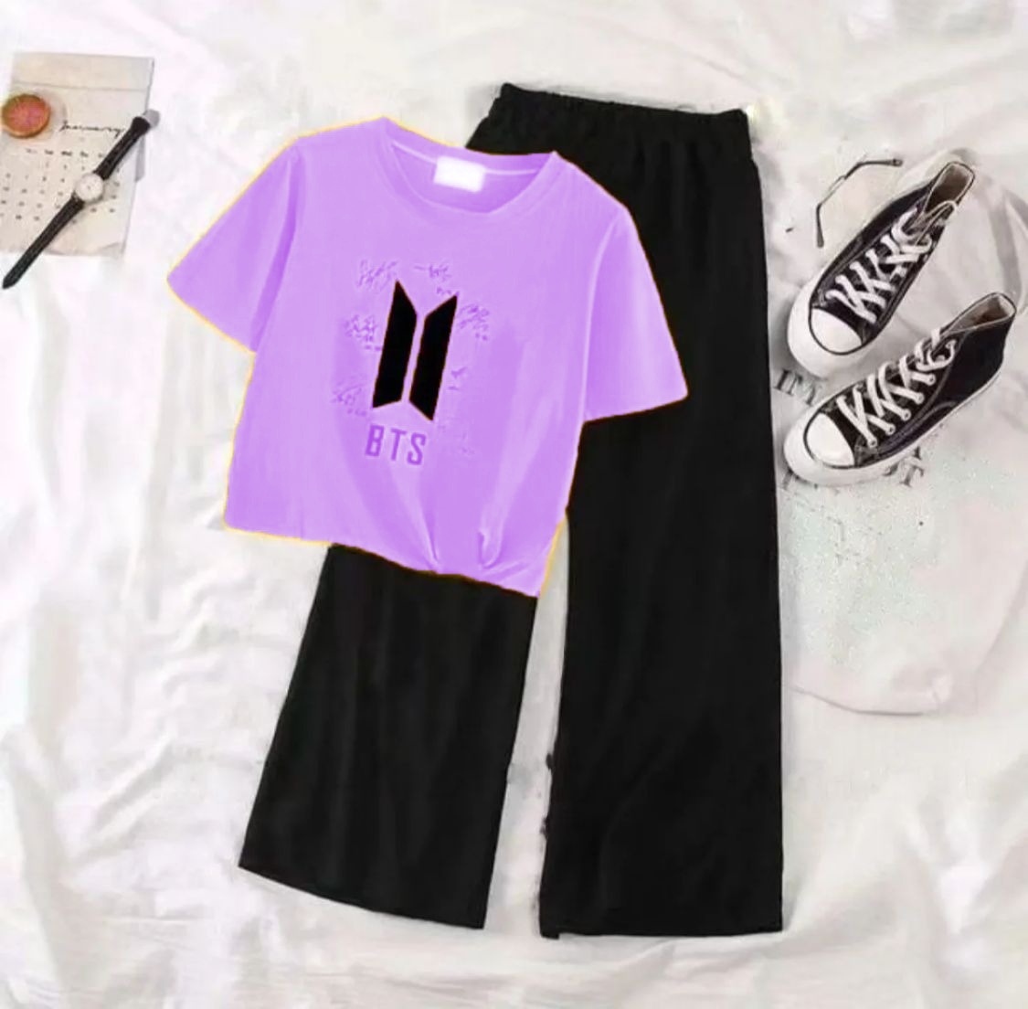 BTS Printed Half Sleeve Crop Top Night Suit For Women And Girls