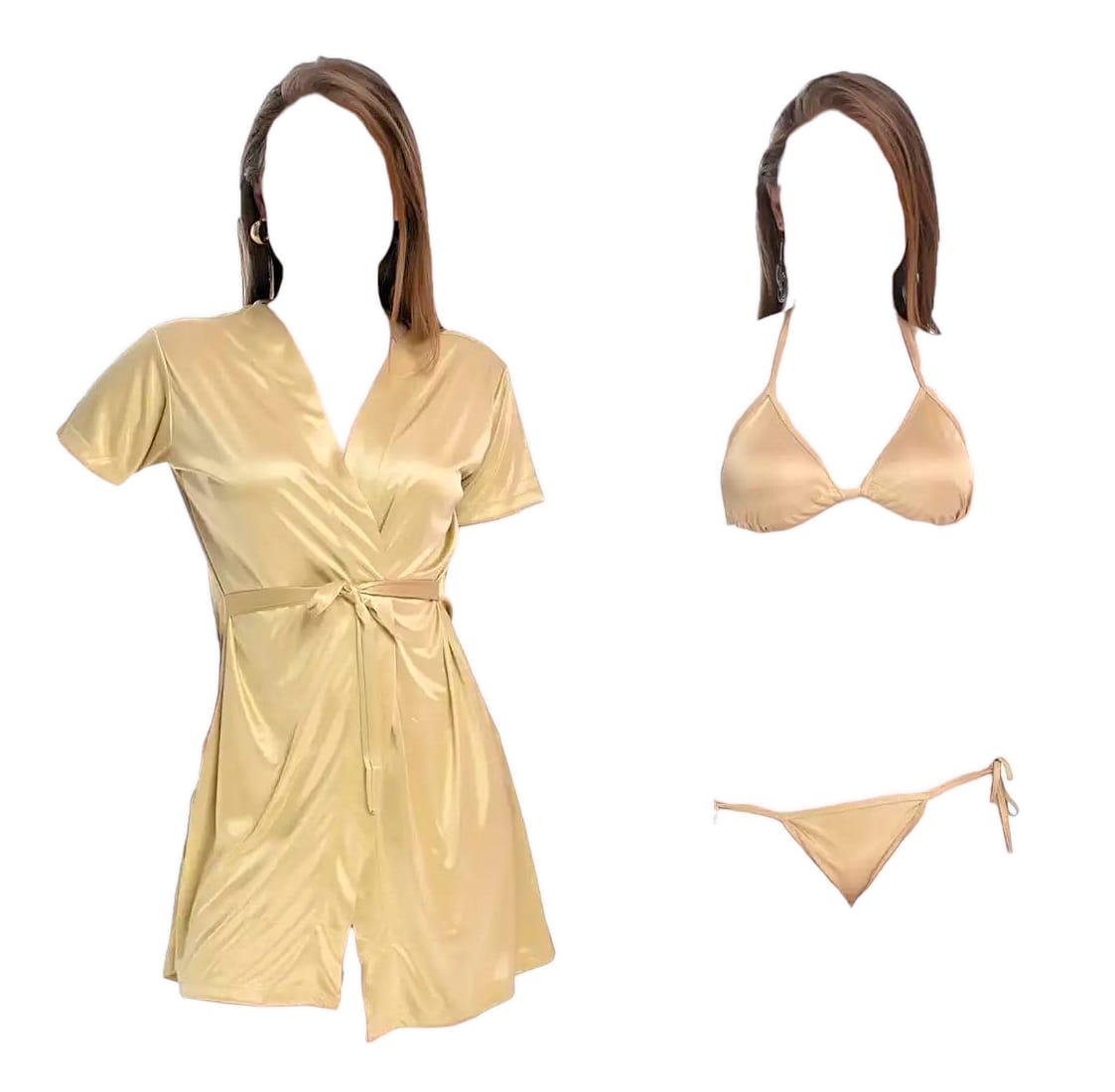 SW SILK WEAR- Women 3 Piece Nighty Sleepwear Silk Satin night dress Lingerie Set With Robe and Short Gown Bridal for Ladies and Girls for Night Wear and Parties Full Black Body Stocking for Free Bra BI-015