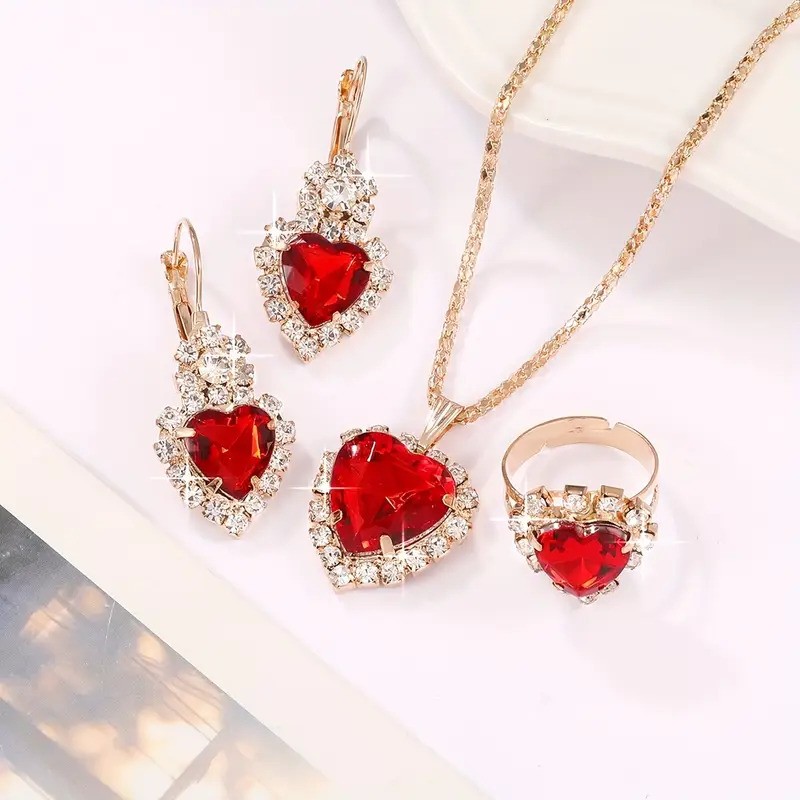 Elegant Heart Crystal Jewelry Set for Women – Gold Plated Necklace, Earrings & Adjustable Ring