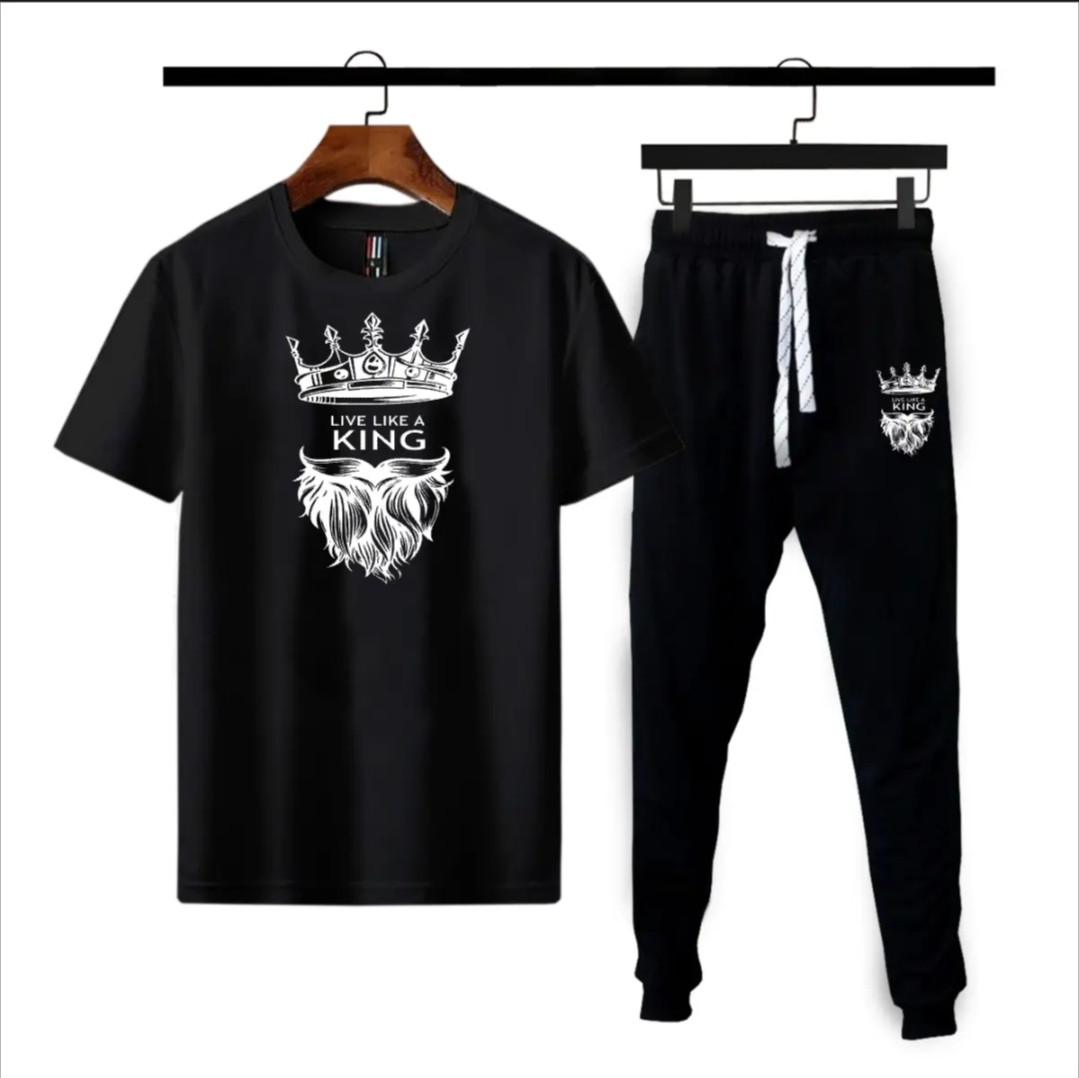 Live like a king printed summer tracksuit for boys and mens soft & comfortable gym wear fabric tshirt+trouser-black