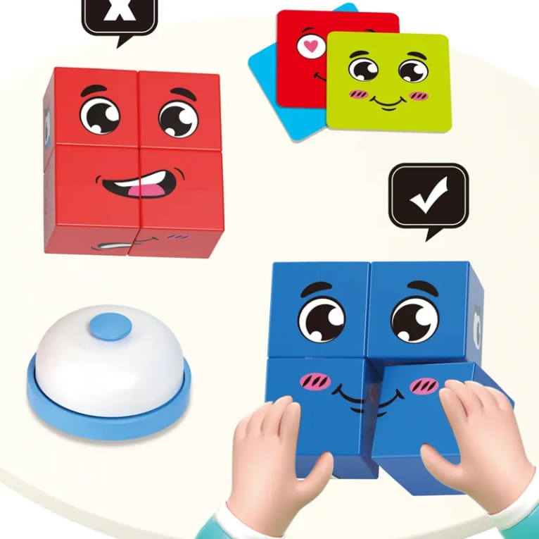 Plastic 3D Crazy Face Changing Puzzle Blocks Game Magic Cube Board Game for Kids - 64 Challenging Cards Learning Toy with Bell Educational Face Expression Matching Cube Toy with Challenge Cards | Brain Teaser & IQ Learning Game for Boys & Girls