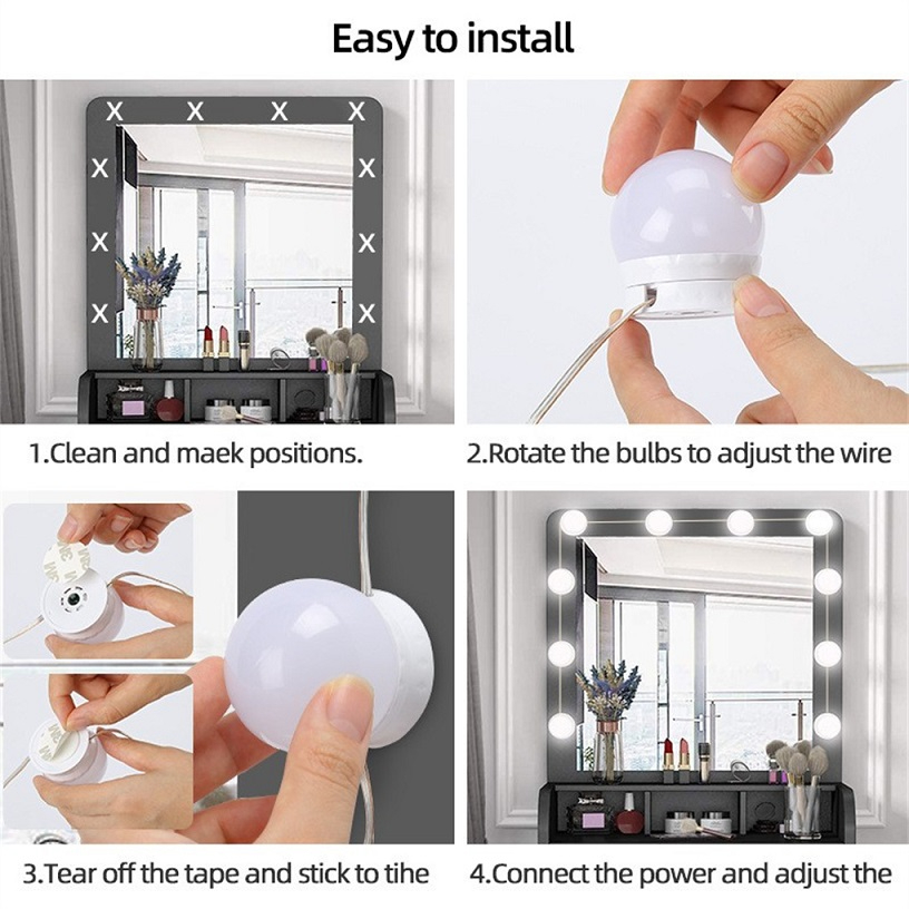 10 Bulb LED Vanity Mirror Lights – USB Powered Makeup Light Strip, Adjustable Brightness with 3 Color Modes, Hollywood Style Dressing Table Lighting for Makeup & Beauty Setup