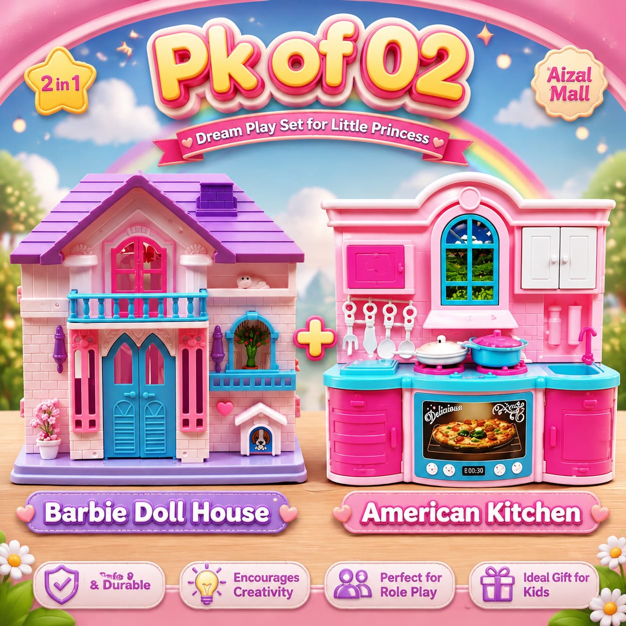 (PK OF 02) Barbie Doll House and American Kitchen Beautiful Toys for kids Openable door and window high quality plastic Doll Home for girls Play time set (Aizal Mall)