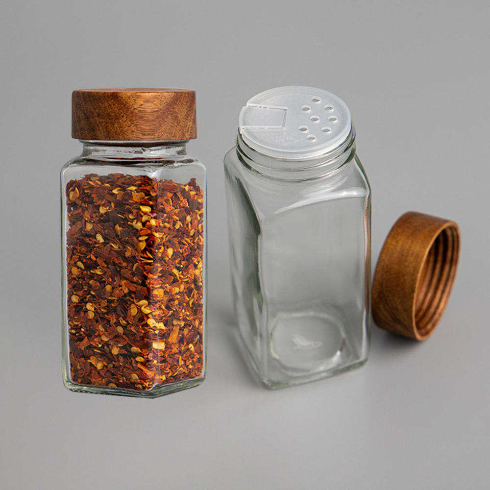 Wooden Lid Seasoning Bottle Airtight Bbq Glass Square Jar 120Ml Seasoning Jar For Kitchen