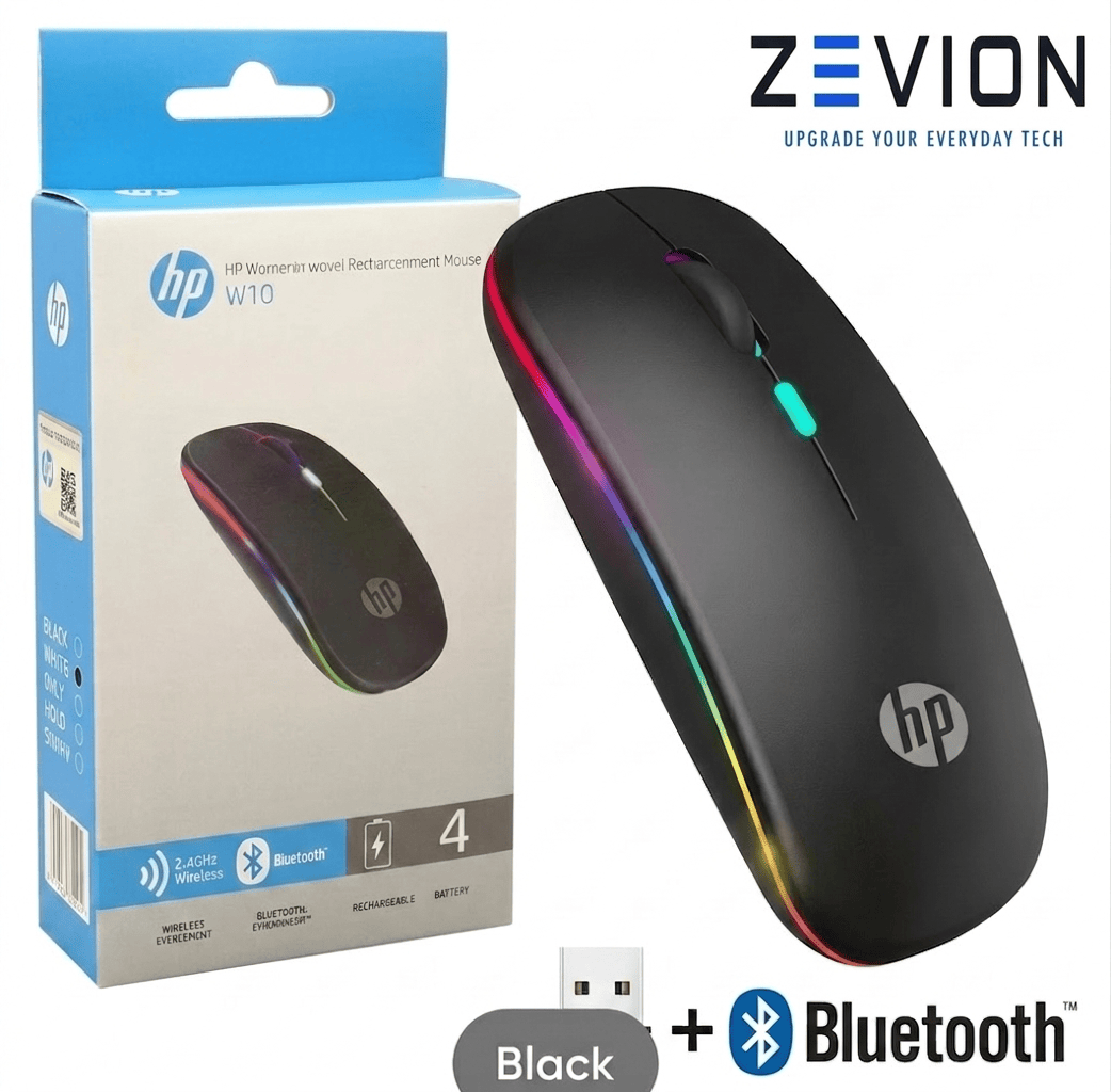 HP W10 Wireless Rechargeable Mouse Dual Mode | Bluetooth & 2.4GHz | Silent Click Adjustable DPI | Slim Ergonomic Optical Gaming & Office Mouse for PC Laptop Computer