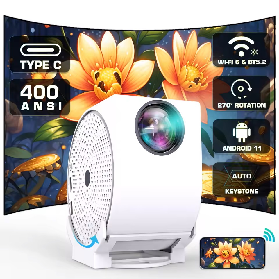 P4 TYPE C 400ANSI Mini Projector WIFI6 BT5.2 Native 720P support 4K Portable Movie Video Projector w/ 270° Rotatable Auto Keystone