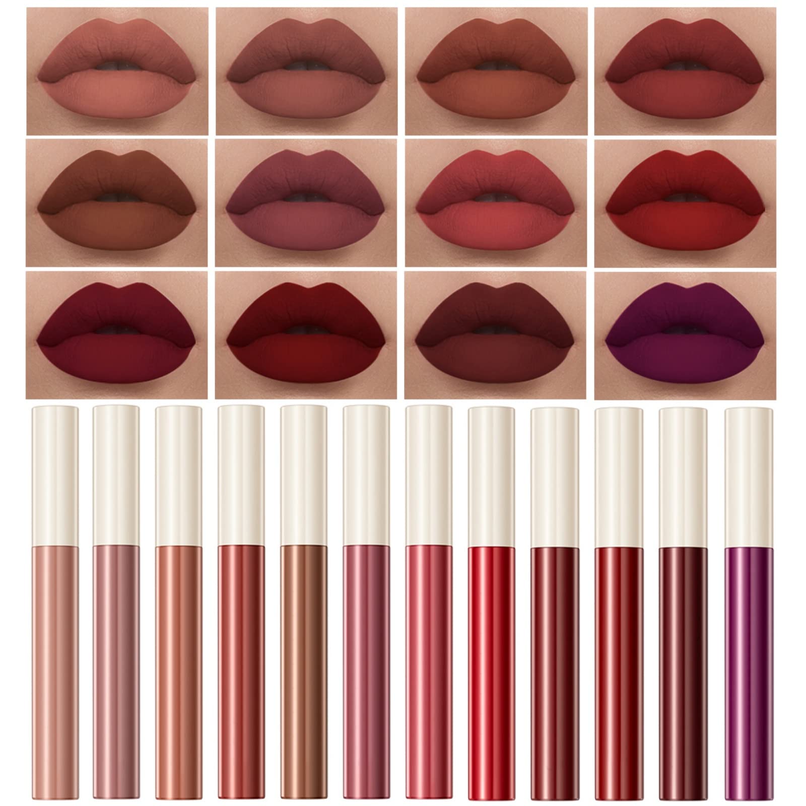 12 pcs Nude Matte Liquid Lipstick Set | Long Lasting Smudge-Proof Lip Colors | Full Collection for Daily & Party Makeup