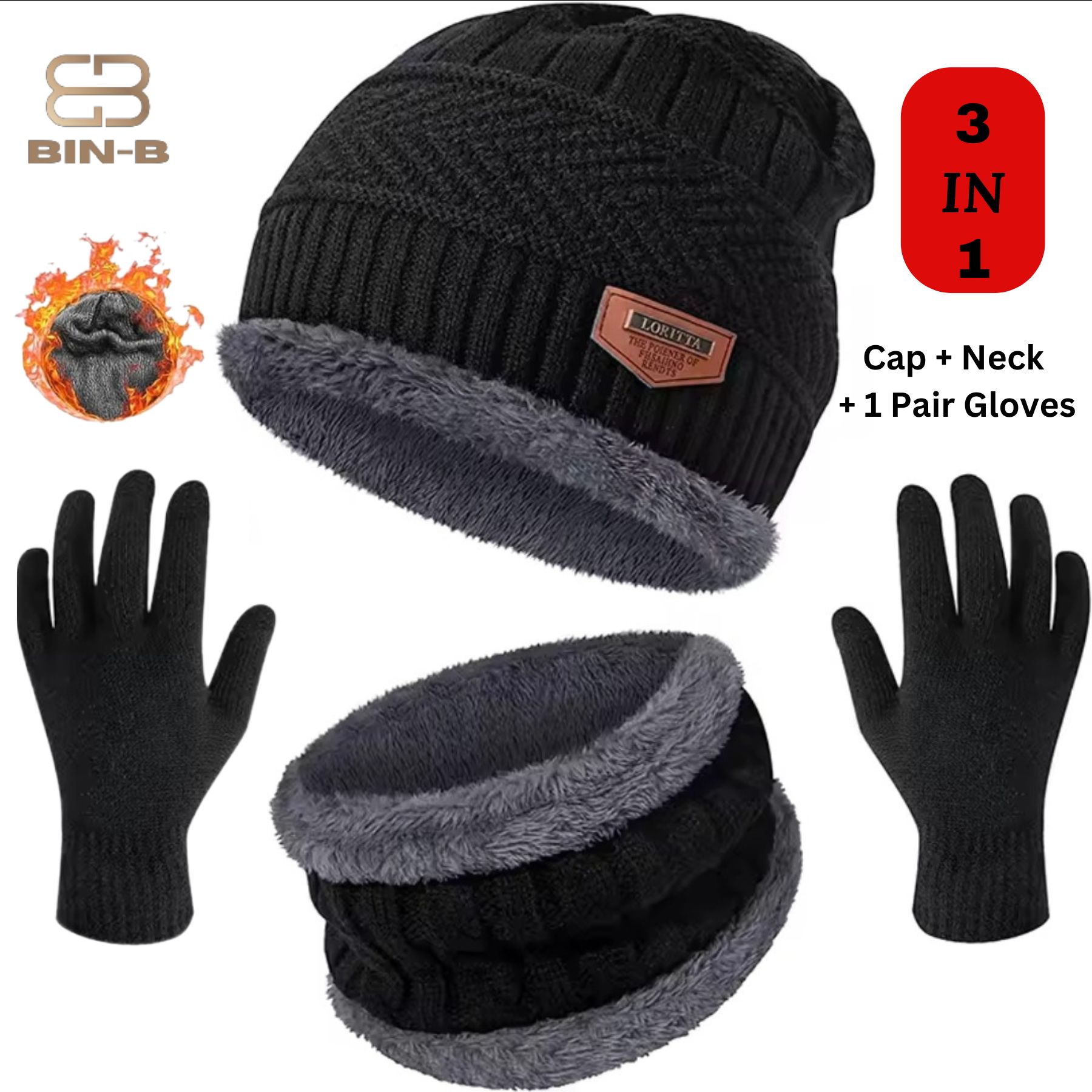 BIN-B 3 IN 1 Winter Knitted Beanie Cap Neck Warmer Gloves Set For Men Women | Winter Cap and Neck & Winter Gloves High Quality 3 PCS Winter Beanie Cap For Men Neck Warmer Scarf Set and Winter Gloves Fleece Lined Skull Cap and Stylish Knit Skull For Boys
