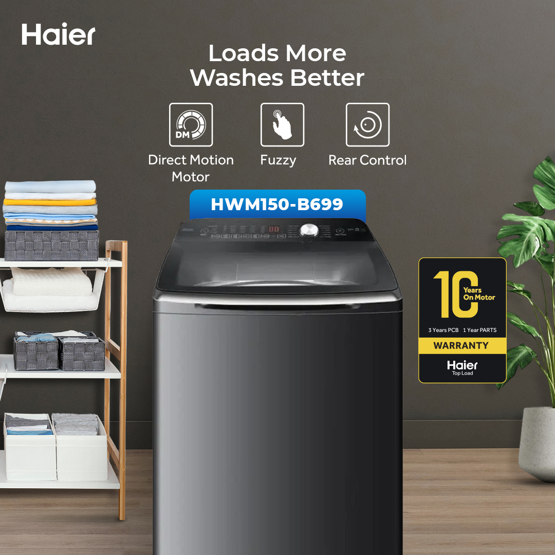 HWM150-B699 /  Haier -15kg / DM Motor / Fully Automatic / Top Loading Washing Machine /  10 Years Brand Warranty.