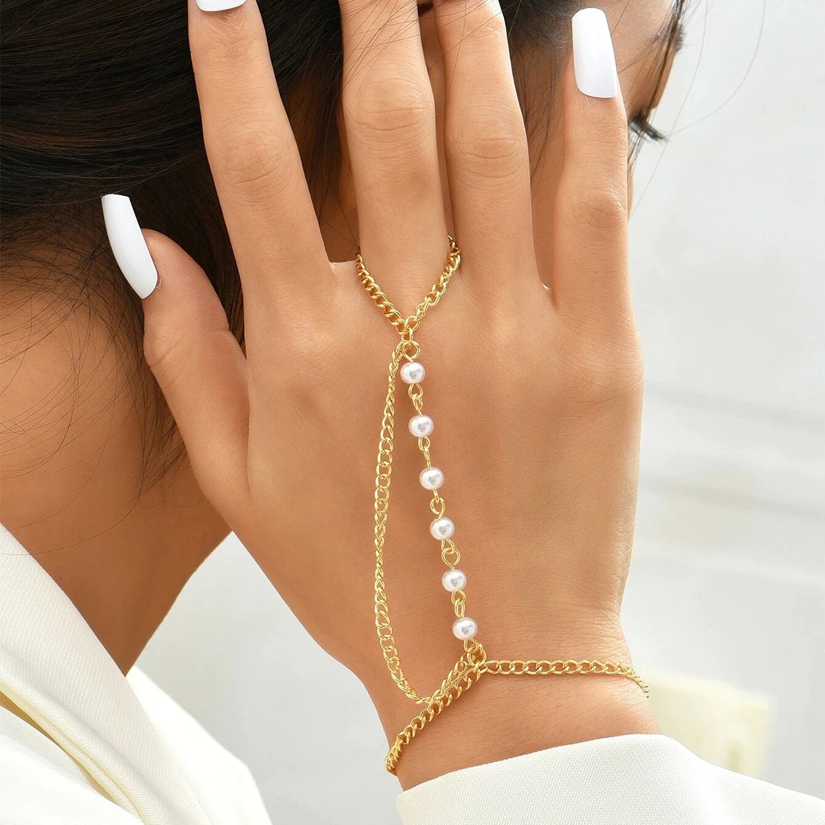 Golden Bracelet for Female Good Quality  Karha Metal Hand Harness Chain Ring Fashion Jewelry Bracelet for girls Women Charm Pearl Beads Connected Finger