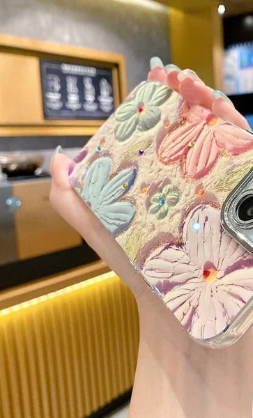 3D Floral Phone Case with Gem Camera Lens Protection – Elegant Sculpted Flower Cover with Rhinestone Lens Guard for 11–17 Series & Flagship Android Phones