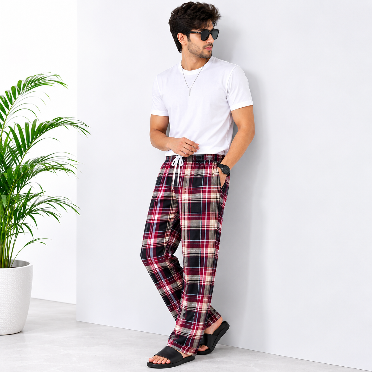 Faiz Garments | 1Pcs  Men's Cotton Checked Trouser – Soft Comfortable Casual Check Pants with Side Pockets