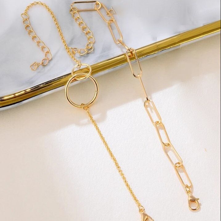 2Pcs/Set Vintage Bohemian Chain for Women Girls Chunky Chain Double Ring Pendant Bracelet Jewelry